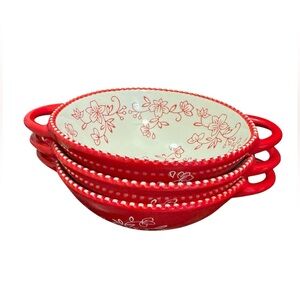 Temp-tations by Tara Floral Lace Red Ceramic Serving Bowls with Handles- 3 Sets